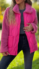 Damski płaszcz z długim rękawem i futrem, patchworkowym, bawełnianym