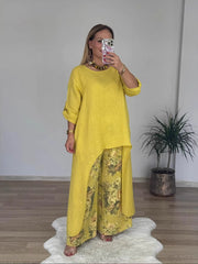 Casualowy nieregularny top i spodnie z szerokimi nogawkami Zestaw bawełny i lnu