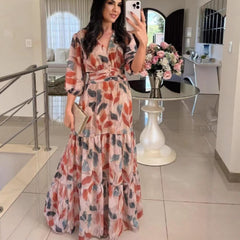 Damska nowa letnia sukienka midi z dekoltem w serek, modna i elegancka, z nadrukiem