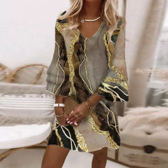 Damska sukienka mini z nadrukiem i dekoltem w kształcie litery V, rękawem 3/4