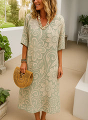 Damska sukienka z krótkim rękawem i nadrukiem, casualowa i długa