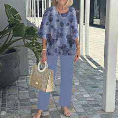 Komplet ze spodniami z nadrukiem i topem z okrągłym dekoltem