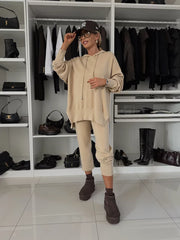 Dwuczęściowy komplet damski z długim rękawem, kapturem i okrągłym dekoltem