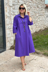 Damska sukienka z golfem i bawełny z podwójnymi kieszeniami, na co dzień