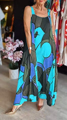 Sukienka damska z kwadratowym dekoltem i nadrukiem na szelkach