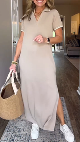 Damska sukienka z rozcięciem na klapie, długa, swobodna