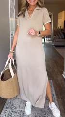 Damska sukienka z rozcięciem na klapie, długa, swobodna