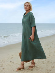 100% lniana damska sukienka z kołnierzykiem Piotrusia Pana, luźna, swobodna, z krótkim rękawem