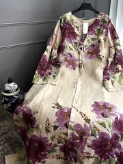 Sukienka z długim rękawem i dekoltem w serek, z bawełny i lnu w stylu retro