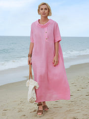 100% lniana damska sukienka z kołnierzykiem Piotrusia Pana, luźna, swobodna, z krótkim rękawem