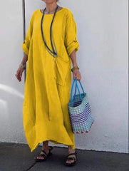 Długa sukienka z bawełny i lnu w stylu patchworku