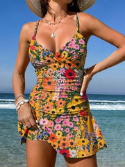 Dekolt w serek, abstrakcyjny wzór, nadruk, bikini na szelkach, jednoczęściowy strój kąpielowy