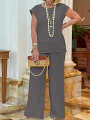 Damski jednokolorowy top bez rękawów z okrągłym dekoltem i zestaw spodni z prostymi nogawkami z kieszeniami