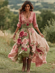 Sukienka maxi damska w stylu vintage z kwiatowym wzorem i dekoltem w serek z mieszanki lnu