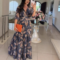 Damska nowa letnia sukienka midi z dekoltem w serek, modna i elegancka, z nadrukiem