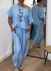 Dwuczęściowy damski top w jednolitym kolorze i luźne spodnie