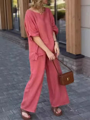 Damski top z okrągłym dekoltem i spodniami z wysokim stanem, lniany garnitur