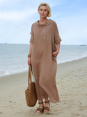 100% lniana damska sukienka z kołnierzykiem Piotrusia Pana, luźna, swobodna, z krótkim rękawem