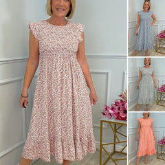 Eleganckie kwiatowe sukienki damskie z falbankami i wysokim dekoltem