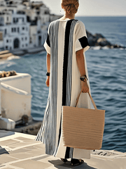 Damska luźna sukienka w paski z bawełny i lnu