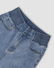 Curveease Ward Shirred Button Front High talia Dżinsy Chude Flear Dżinsy