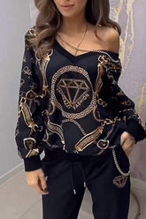 Damski top ze wzorzystymi kryształkami i dopasowane spodnie – dwuczęściowy zestaw