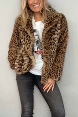 Women's Fashionable Leopard Lapel Faux Fur Winter Coat