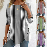 【XS-6XL】Damski top z okrągłym dekoltem i nadrukiem w paski z dekoltem w serek