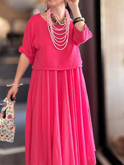 💐✨ Owet i elegancki dwupunktowy zestaw z bluzką z okrągłym szyją i spódnicą w bawełnianej i lnianej dla kobiet