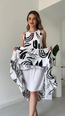 Damska sukienka bez rękawów ze ściągaczem i nieregularnym nadrukiem