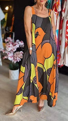 Sukienka damska z kwadratowym dekoltem i nadrukiem na szelkach