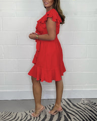 2025 Lato Nowa Sukienka z Dekoltem w Serek Sukienka w Jednolitym Kolorze Falbana