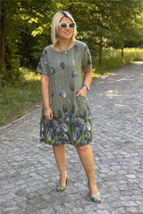 Sukienka damska z bawełny i lnu z kwiatowym wzorem