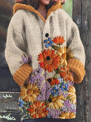 Floral Embroidery Art Women's Hooded Sweater Cardigan