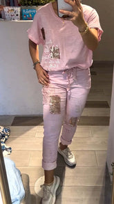 Damski swobodny zestaw topu i spodni z dekoltem w serek i złotym nadrukiem