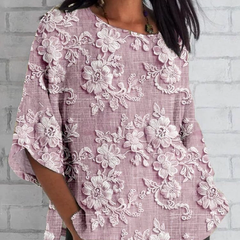 Luźny top z 3/4 rękawami i nadrukiem kwiatowym 3D