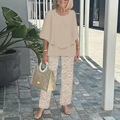 Komplet ze spodniami z nadrukiem i topem z okrągłym dekoltem