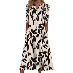 Sukienka damska z nadrukiem i kieszeniami, z dekoltem w serek, długa