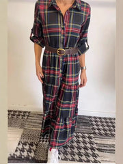 Sukienka swobodna z klapami w kratę, z rękawami średniej długości i talią