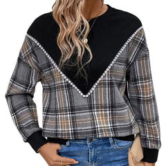 Patchworkowa bluza z okrągłym dekoltem w kratę