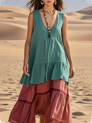 Sukienka bez rękawów z dekoltem w serek, patchworkowa, wielokolorowa