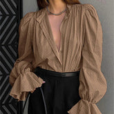 Wiosenno-jesienna francuska koszula żakardowa z bufiastymi rękawami