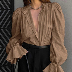 Wiosenno-jesienna francuska koszula żakardowa z bufiastymi rękawami