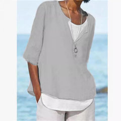 Damska koszula z bawełny i lnu, z dekoltem w kształcie litery V