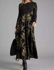 2025 Sukienka midi z nadrukiem i długim rękawem Temperament Slim Fit