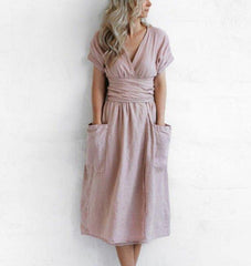 Modny damski pasek z dekoltem w kształcie litery V, wysoka talia, krótkie rękawy, bawełniana lniana sukienka