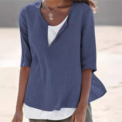 Damska koszula z bawełny i lnu, z dekoltem w kształcie litery V