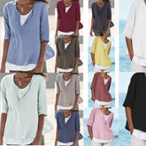 Damska koszula z bawełny i lnu, z dekoltem w kształcie litery V