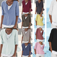 Damska koszula z bawełny i lnu, z dekoltem w kształcie litery V