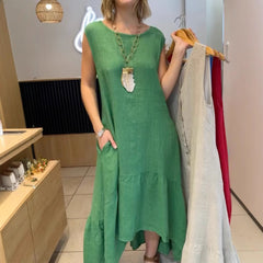 Sukienka z długim rękawem i okrągłym dekoltem, bawełniano-lniana, z kamizelką